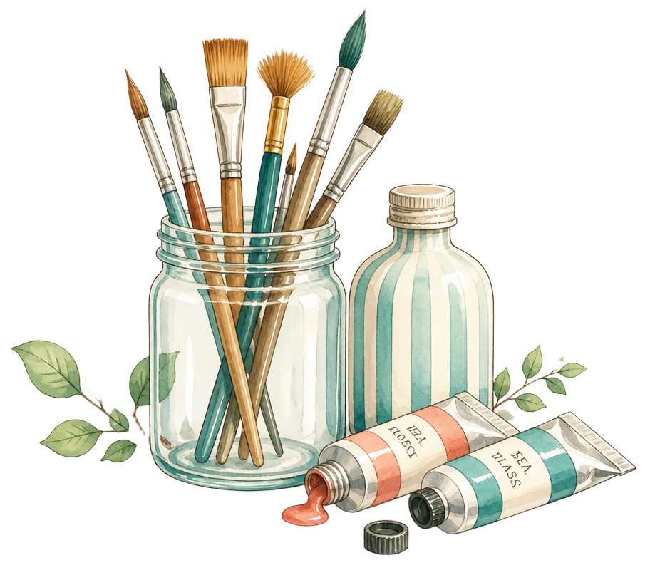 Pote de vidro com pincéis, bisnagas de tinta e folhas
